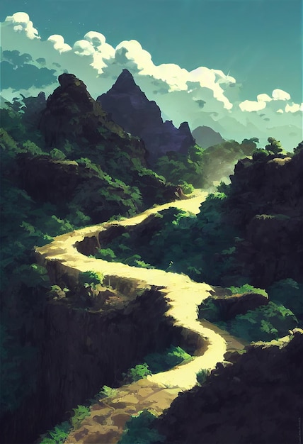 Uma bela floresta de natureza rural uma ilustração em um estilo de animação de fundo de anime