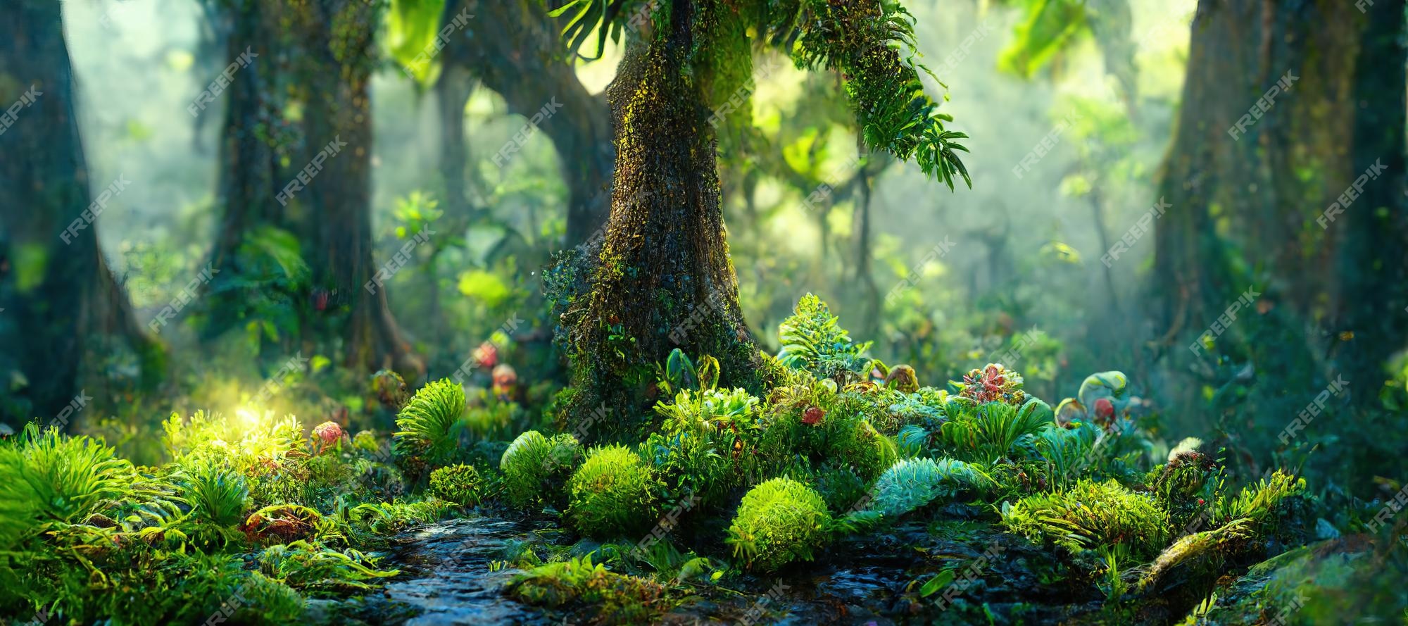 Uma bela floresta encantada de conto de fadas com grandes árvores