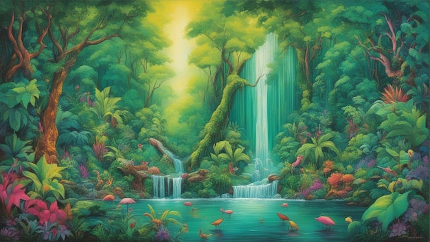 Uma bela floresta encantada de conto de fadas com grandes árvores e queda de água vegetação pintura digital