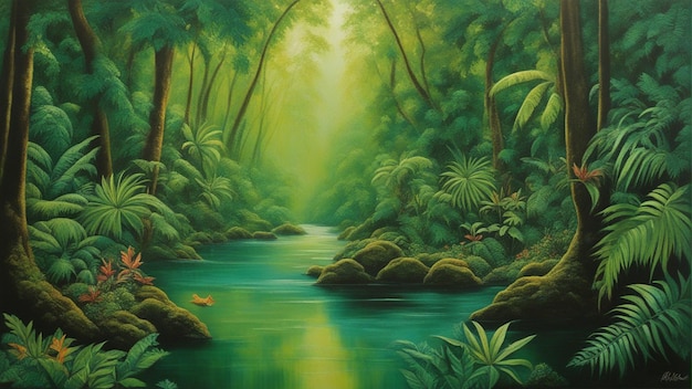 Uma bela floresta encantada de conto de fadas com grandes árvores e queda de água vegetação pintura digital
