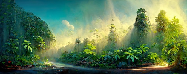 Uma bela floresta tropical encantada de conto de fadas com raios de sol Ilustração de fundo de pintura digital