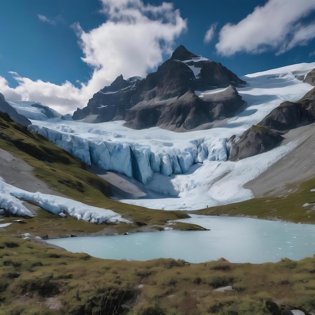 Uma bela foto ampla de geleiras ruth cobertas de neve sob um céu azul com nuvens brancas