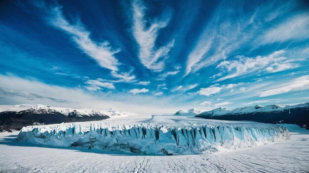 Uma bela foto ampla de geleiras ruth cobertas de neve sob um céu azul com nuvens brancas