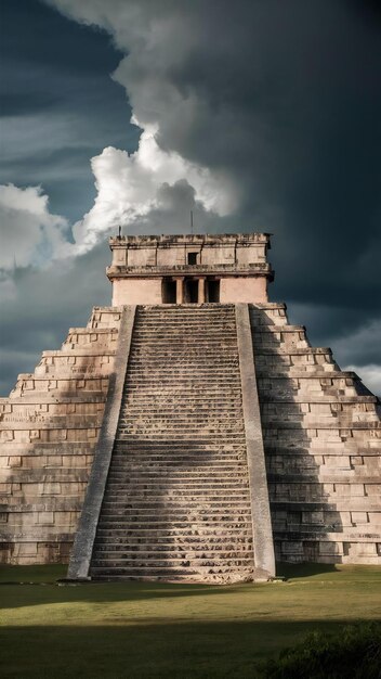 Foto uma bela foto da chichen itza com o céu nublado.