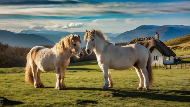 Uma bela foto de dois póneis de pé na grama com uma casa e montanhas atrás