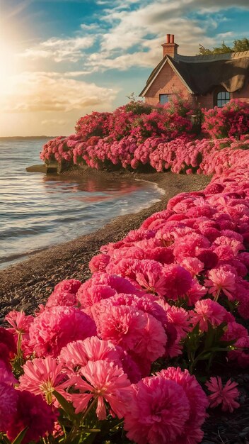 Foto uma bela foto de flores cor-de-rosa à beira-mar num dia ensolarado na grã-bretanha.