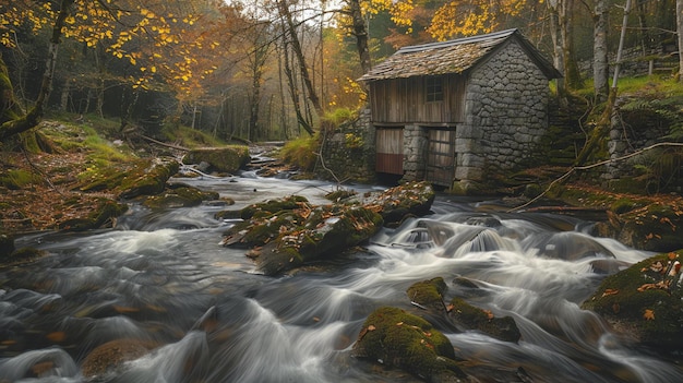 Uma bela foto de paisagem de um pequeno edifício de pedra ao lado de um rio na floresta