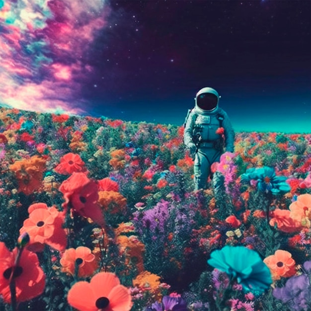 Foto uma bela foto de um astronauta em um campo de flores em outro planeta exploração de um novo