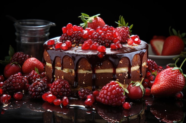 Uma bela foto de um bolo vegano cru com frutas e sementes de romã espalhadas por todo o mundo.