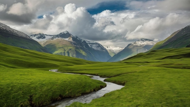 Uma bela foto de um campo verde cercado por altas montanhas sob o céu nublado