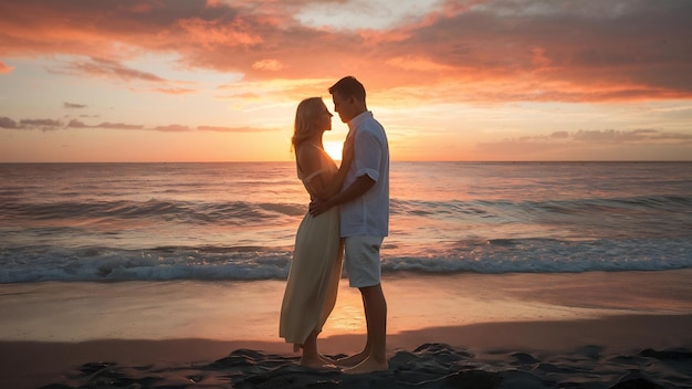 Uma bela foto de um casal na praia ao pôr-do-sol.
