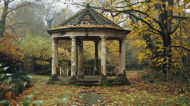 Foto uma bela foto de um gazebo em um parque o gazebo é cercado por árvores e as folhas estão se tornando castanhas e laranjas