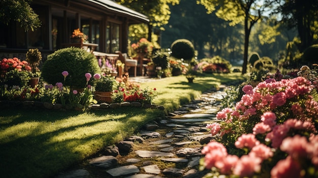 uma bela foto de um jardim vazio no verão