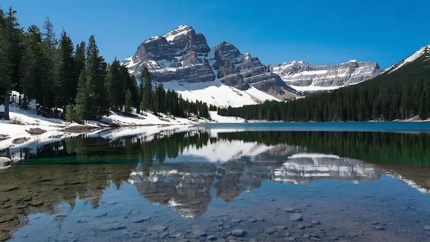 Uma bela foto de um lago cristalino ao lado de uma base de montanha coberta de neve durante um dia ensolarado