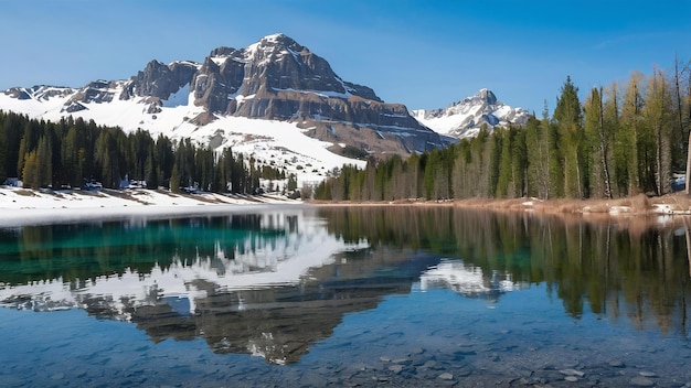 Uma bela foto de um lago cristalino ao lado de uma base de montanha coberta de neve durante um dia ensolarado