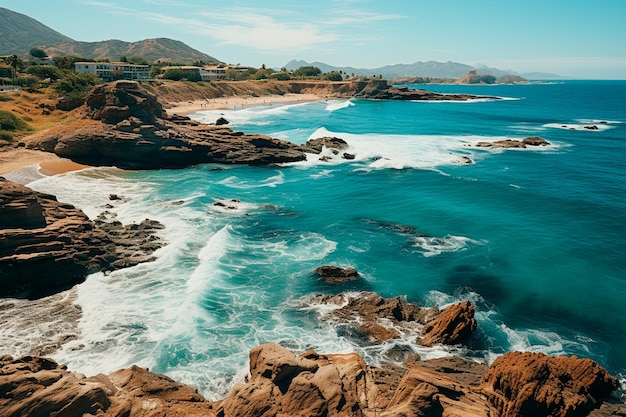 uma bela foto de um litoral rochoso com uma grande onda no meio