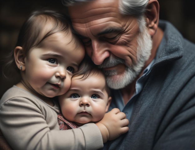 Uma bela foto de um pai segurando seus dois bebês nos braços no dia dos pais com IA generativa