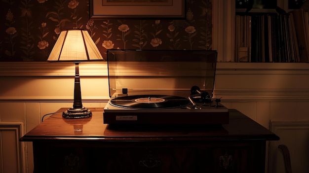 Uma bela foto de um tocador de discos vintage sentado em uma mesa de madeira ao lado de uma lâmpada