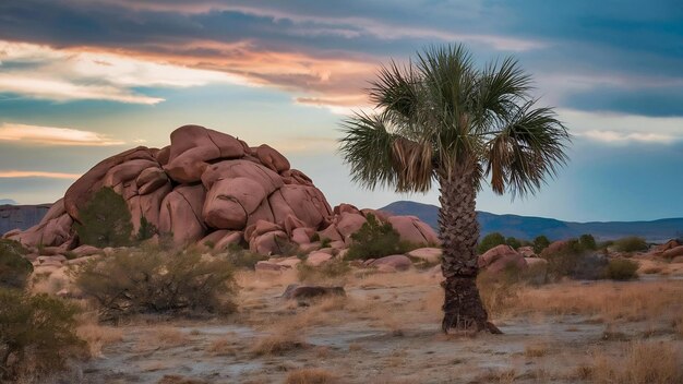 Uma bela foto de uma área deserta com uma rocha e uma árvore de palmeira de sabal isolada