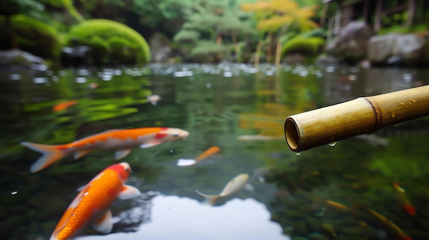 Foto uma bela foto de uma lagoa de koi com uma característica de água de bambu a água é cristalina com plantas verdes crescendo no fundo