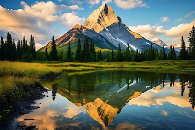 Uma bela foto de uma montanha a refletir-se no rio.