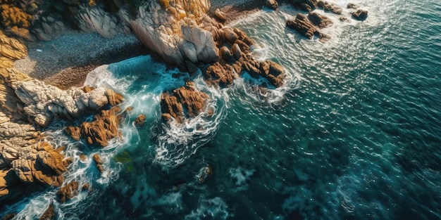 Uma bela foto de uma praia rochosa com um penhasco de cimaVista aérea Tiro panorâmico Generative AI