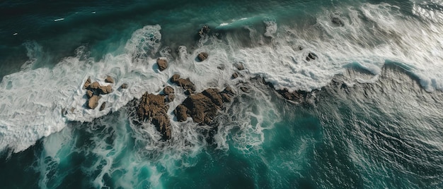 Uma bela foto de uma praia rochosa com um penhasco de cimaVista aérea Tiro panorâmico Generative AI