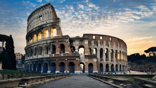 Uma bela foto do famoso anfiteatro do colosseu romano sob o céu deslumbrante ao nascer do sol