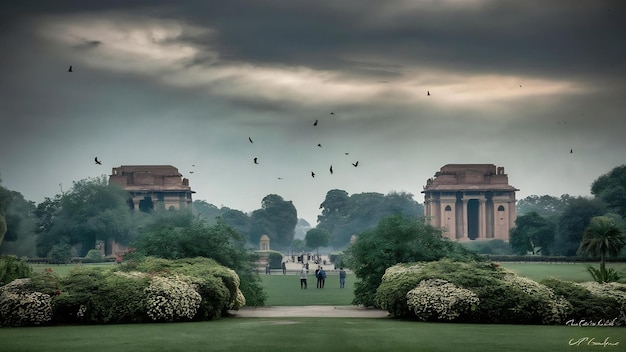 Uma bela foto do jardim de Lodhi em Delhi, na Índia, sob um céu nublado.