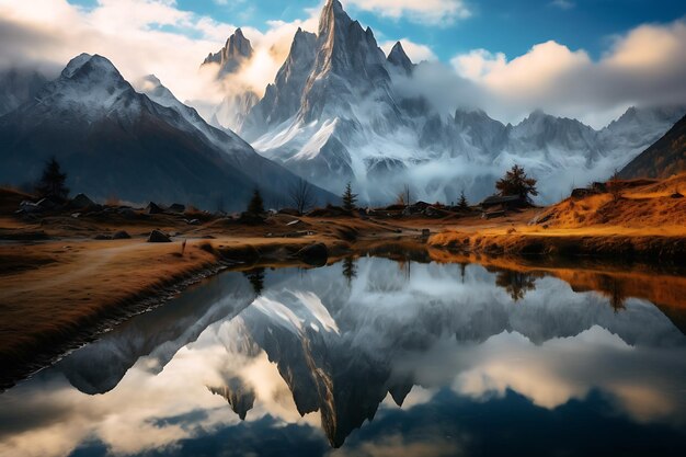 Uma bela foto do reflexo das montanhas num lago em Itália.