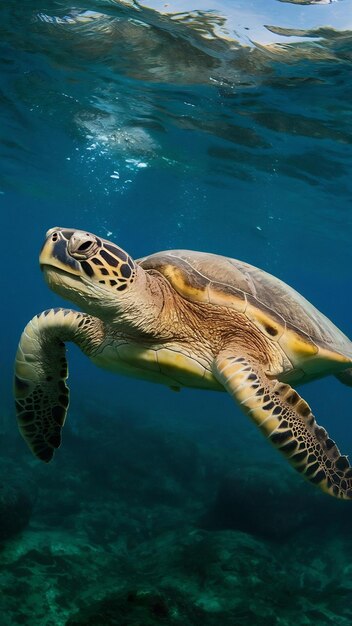 Uma bela foto em close de uma grande tartaruga nadando debaixo d'água no oceano