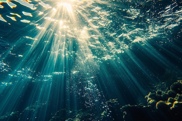 Foto uma bela foto feita debaixo d'água com a luz do sol a brilhar pela superfície.