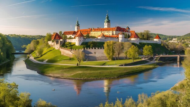 Uma bela foto panorâmica do castelo de Cesky Krumlov ao lado do rio Vltava, na República Tcheca