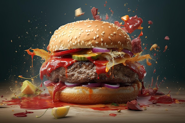 Uma bela fotografia de um delicioso hambúrguer Generative AI