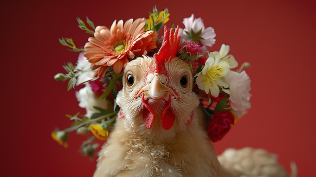 Uma bela galinha vestindo uma coroa de flores A galinha está olhando para a câmera com uma expressão curiosa