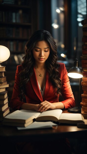 Uma bela garota asiática sentada em uma mesa e lendo um livro