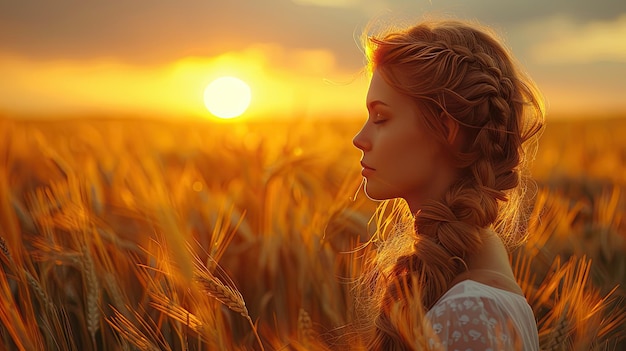 Uma bela garota com uma foice em um campo de centeio contra o fundo do sol nascente