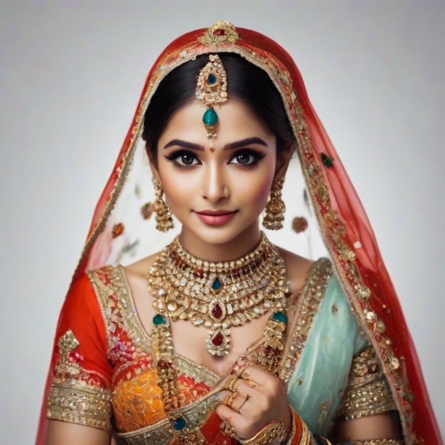 Uma bela garota glamour da etnia indiana vestindo trajes de noiva multicoloridos e jóias