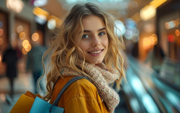 Uma bela garota loira está sorrindo enquanto faz compras no shopping