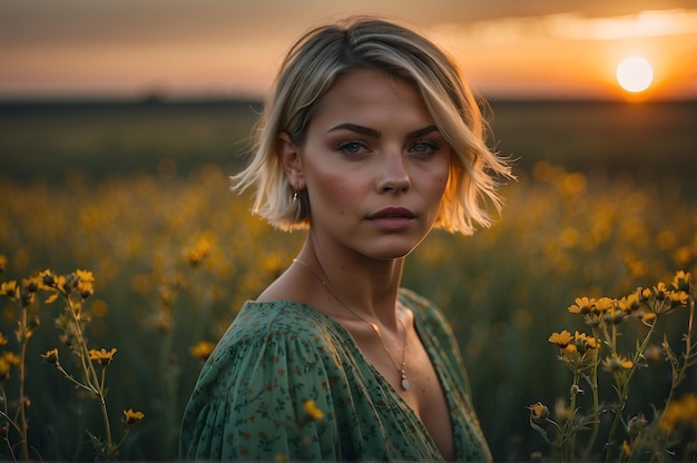 Uma bela garota loira num campo de flores ao pôr-do-sol