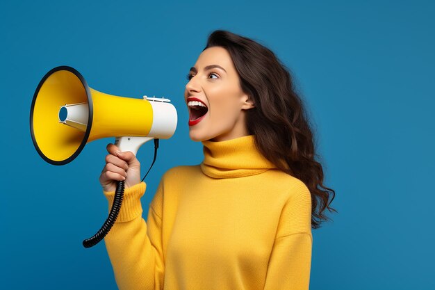 uma bela garota morena em um colarinho amarelo em um fundo azul grita em um megafone