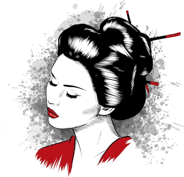 Uma bela gueixa japonesa segura uma ilustração vetorial vermelha