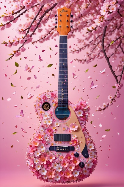 Foto uma bela guitarra adornada com flores sakura neste deslumbrante perfeito para música ou flores relacionadas