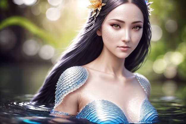 Uma bela habitante do mundo subaquático uma personagem mítica de contos de fadas e fantasia uma sereia Generative AI