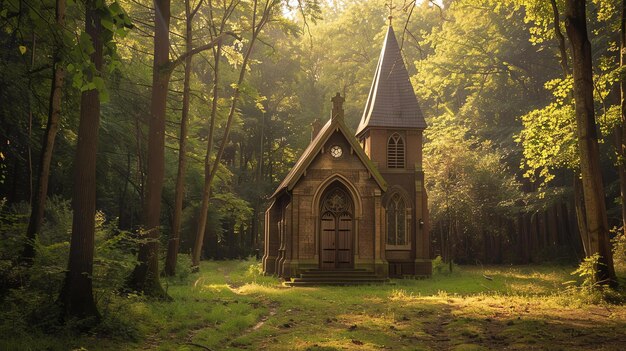 Uma bela igreja no meio da floresta com luz brilhante brilhando através das árvores