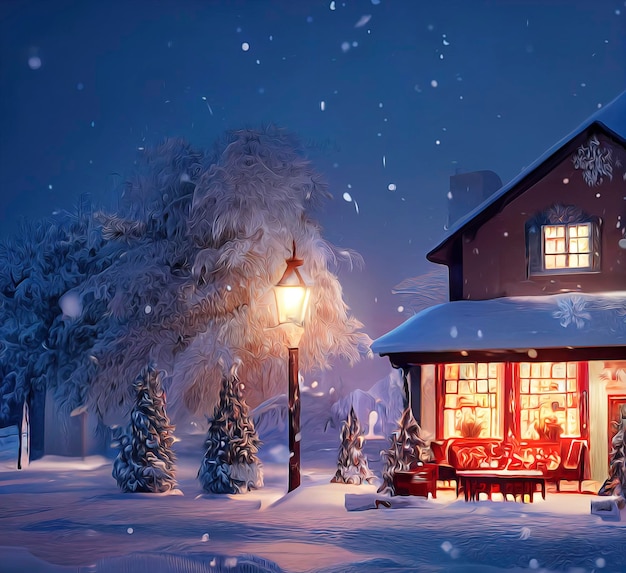 Uma bela ilustração de cena de Natal ao ar livre de uma casa de Natal com paisagem de inverno de neve em uma vila