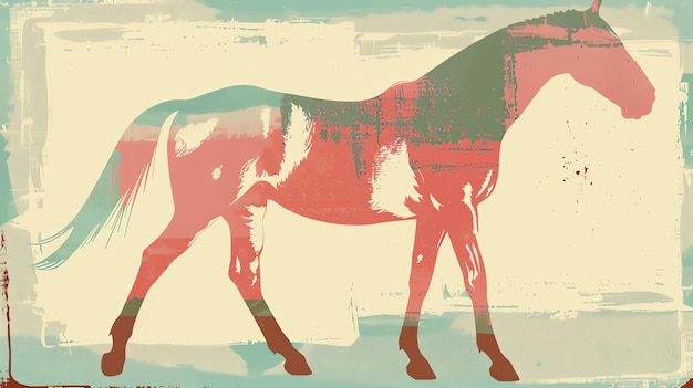 Uma bela ilustração de um cavalo em um fundo texturizado O cavalo está em uma postura de caminhada com a cabeça virada ligeiramente para o espectador