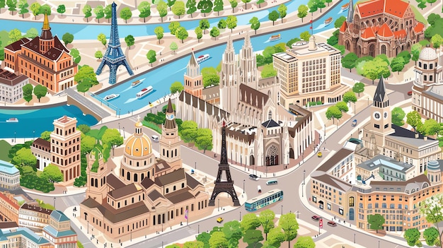 Foto uma bela ilustração de uma cidade europeia a cidade está cheia de edifícios históricos, incluindo uma igreja uma catedral e um palácio