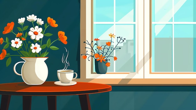 Uma bela ilustração de uma janela com um vaso de flores e uma xícara de café em uma mesa na frente dela