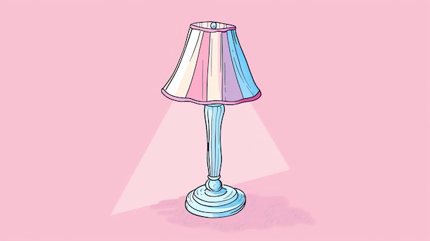 Uma bela ilustração de uma lâmpada de mesa com um abajur listrado A lâmpada está emitindo uma luz suave e quente O fundo é de cor rosa pálido